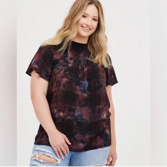 Torrid Size 5 Crinkle Gauze Smocked Flutter Sleeve Blouse Top Plaid Grunge 5X - Picture 1 of 8
